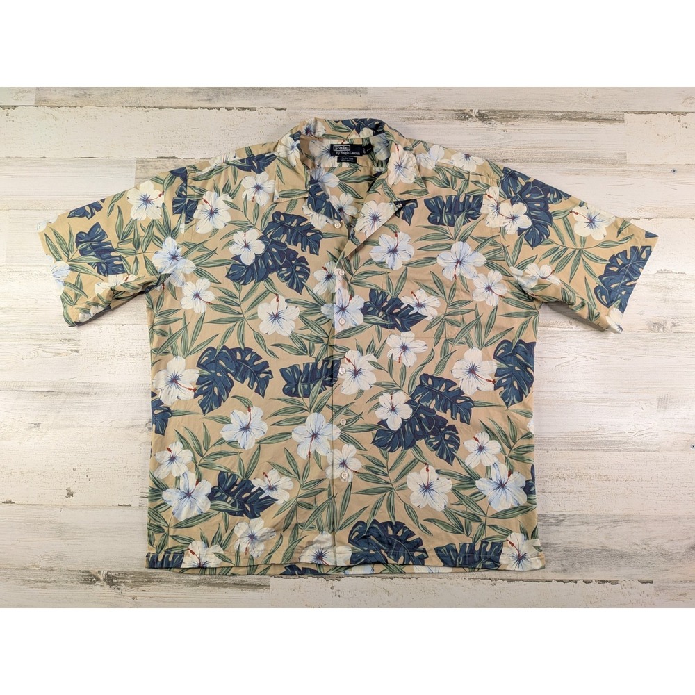 Vintage Polo Ralph Lauren Clayton Floral Loop Collar Shirt Mens XL Tan Hawaiian